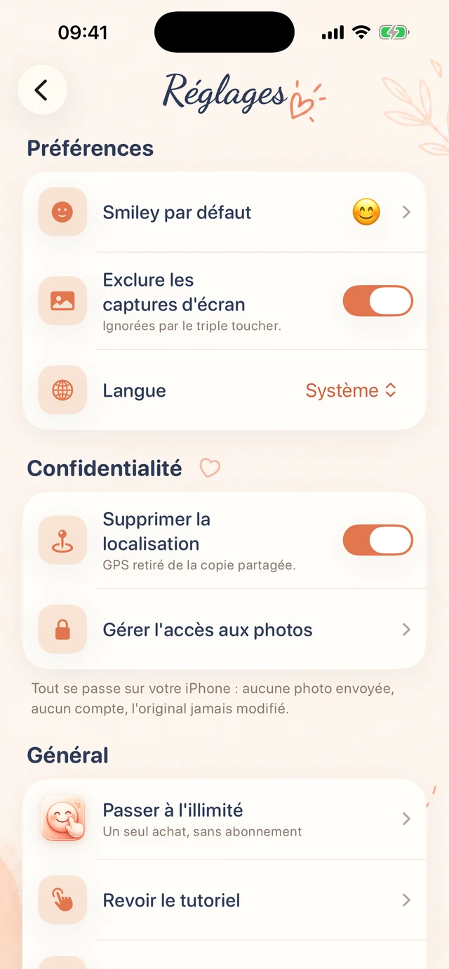 Écran des réglages
